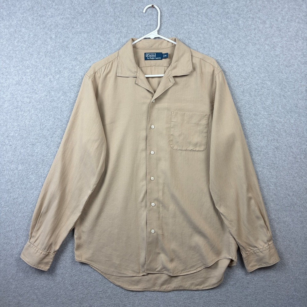 Vintage Polo Ralph Lauren Camp Shirt Mens Medium Tan Silk Linen Herringbone 90s